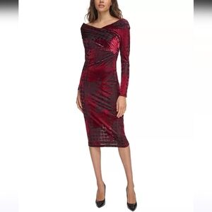 Donna Karan New York Burnout-Velvet Bodycom Dress Red Black XS NWT